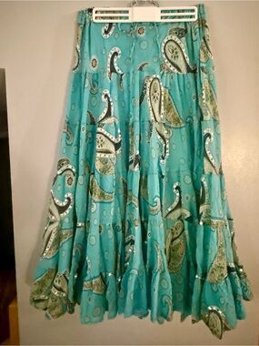 VTG Silver Stream Teal Paisley Sequin Midi Skirt - Read Description